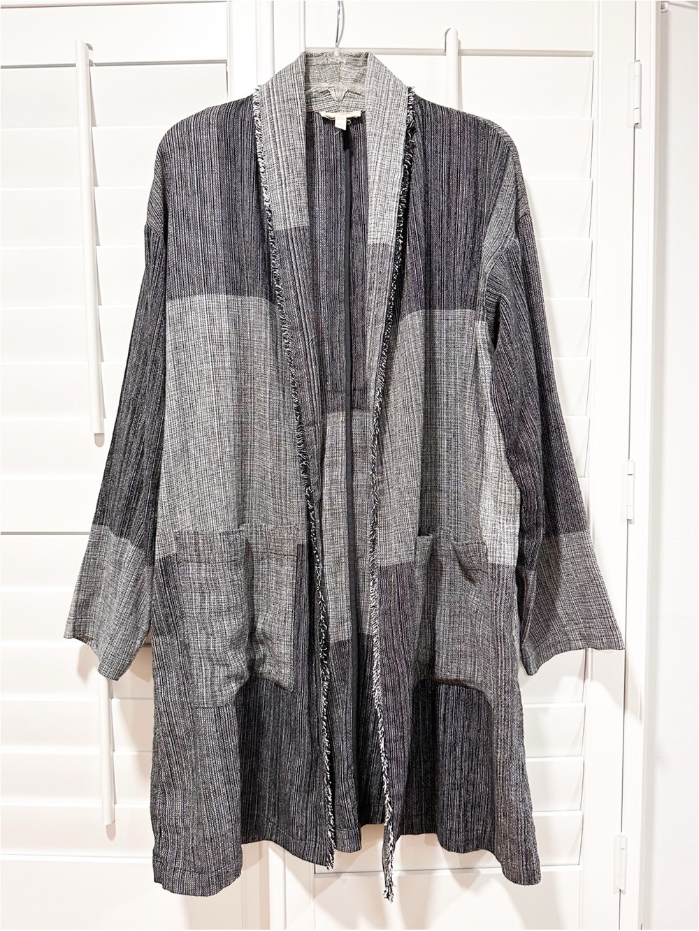 Eileen Fisher Duster Organic Cotton Open Front Cardigan Jacket Gray L/XL Pockets